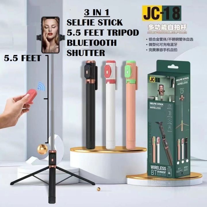 JC18 Selfie Stick 5.5 / 3.6 Feet JC16 Tripod Stand with Bluetooth Remote Selfie Stick Can Become Tripod Stand Foldable Easy To Carry Stand Stick 360 Rotatable for Traveling Tiktok Youtube Portable Selfie stick and Tripod