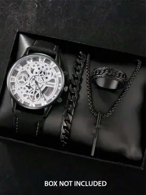 Pack of 4 Black Watch, Chain Bracelet, Ring, Bar Locket Set for Men/Boys
