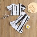 Girls Casual Two-piece Pants Suit, White Tie-dyed Print T-shirt and Bell Bottom Trousers, 1-6 Years. 