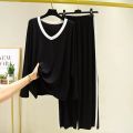 Black with White Pipen and Black with White Panel Pajama Full Sleeves Night Suit for Her. 