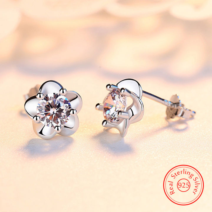 Solid 925 Sterling Silver Woman's Highquality Fashion Jewelry New Crystal Zircon Flower Stud