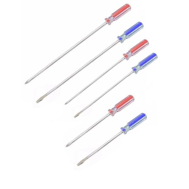 Pack of 6 -  Long & Thin Shaft Screwdriver - Phillips & Flat Head