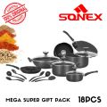 SONEX Non Stick Cookware set Gift pack -Mega Super Gift PackWith Glass Lid 18 Pcs Shadi Set - Fry Pan- Cooking Wok - Sauce Pan - Cooking Handi x3 - Tawa & Spoons. 