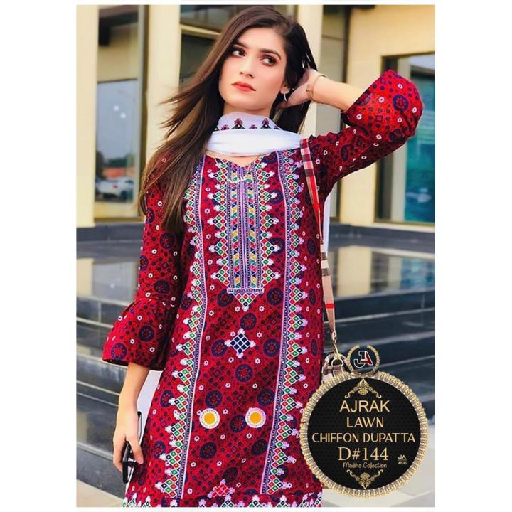 Lawn 3 Piece Ladies Unstitched Dress with Chiffon Dupatta Neckline Embroidery Shirt Suit Summer 2022 Collection Daraz.pk