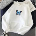 White Butterfly Fleece Full Sleeves Pull Over Hoodie For Women. 