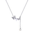 South Korea Delicate Bead-Set Diamond Butterfly Pearl Necklace Women's All-Match Fairy Temperamental Titanium Steel Clavicle Chain. 