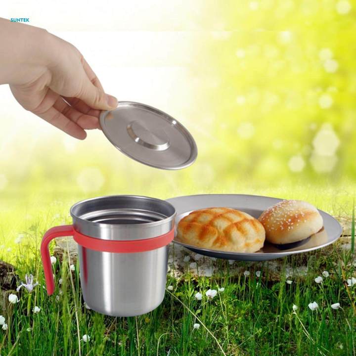 Camping Cup Tea Cup Portable with Lid Camping Mug 448ml Capacity Metal Cups Stainless Steel Coffee Mug for Backpacking Travel Touring Hiking