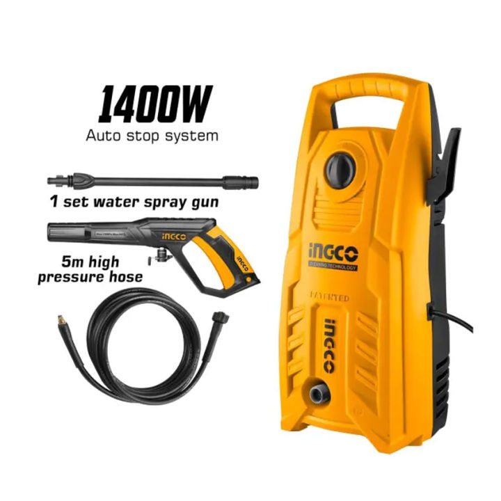 Ingco Original High Pressure Washer 1400W -130Bar -Sucking System For Solar Cleaning Car Washing Plant Watering, Pure Copper