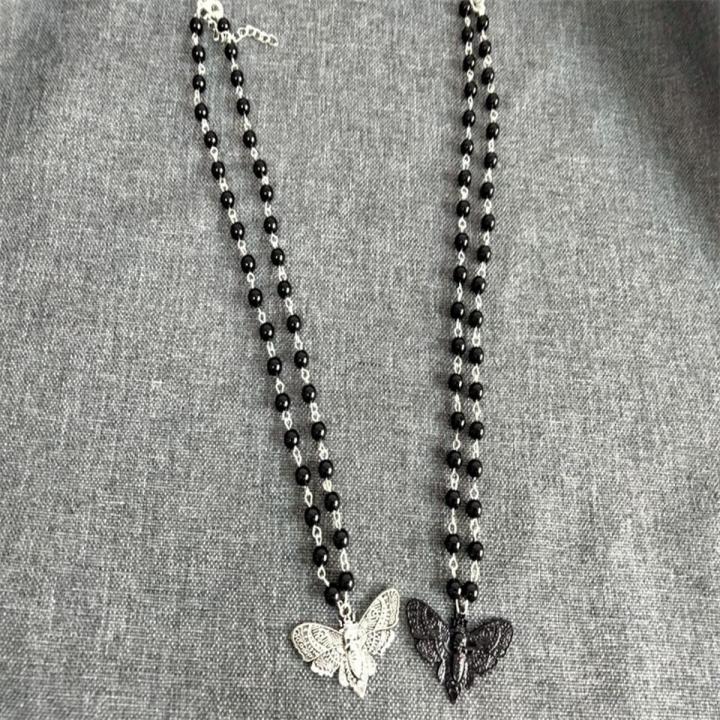 【2023NEW】Gothic Vintage Death Moth Skull Choker Black Glass Beads Rosary Y2K Indie Insect Jewelry Trend Witch Moth Charm Chain Necklace