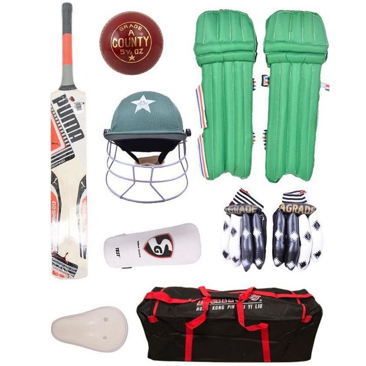 Premium Sports Pack of 9 Cricket Kit For Adult (Hard ball Bat + Hard Ball +  Gloves + Cricket Kit Bag + Helmet + Under Guard + thigh pads  + Leg Pads + Elbow Pads)