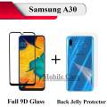 Samsung A30 Full Black 9D Edge to Edge(Full Glue) Tempered Glass Screen Protector + Back Clear Jelly Protector Transparent Soft Film Protection Hydrogel Film Protector For Galaxy A30. 