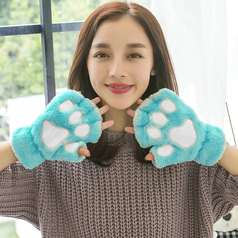Cute Cat Paw Gloves Warm Winter Plush Mittens With
