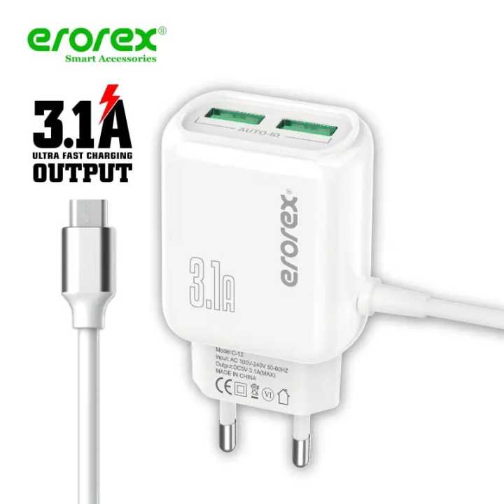 Erorex C-12 Charger 18W 1xMicroUSB + 2xUSB Ports (MicroUSB), best charger, multiple port charger