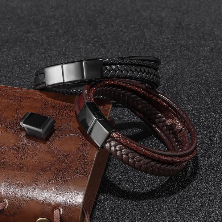 Stainless Steel Braided Leather Bracelet for Men Cuff Bangle Cross