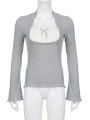 y2k Lace Patchwork Two Piece T-shirt Flare Long Sleeve Tops Spring Casual Kawaii Clothes Korean Shirt. 