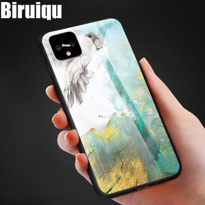 Biruiqu For Google Pixel 4 / Google Pixel 4XL Shockproof Fashion Marble Tempered Glass Back Case Cover