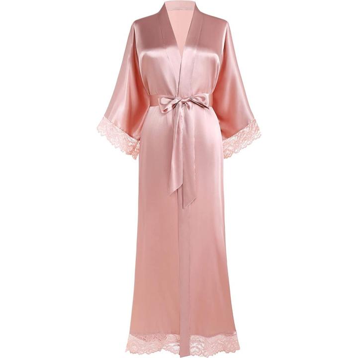 Pure Satin Silk kimono style robe robes gown gowns for women nightwear (Pink)