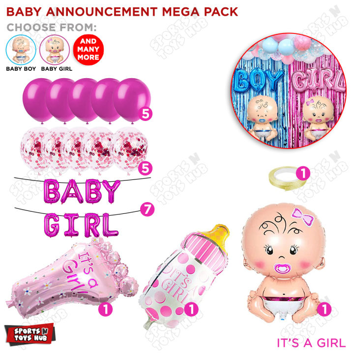 15 Pcs Baby Announcement Mega Balloons Pack For Party Decoration Its A Boy & Its A Girl Gender Reveal Balloon Set For Party Decor Baby Boy & Girl Foil Feeder & Feet Balloons With Solid Confetti Latex Balloons Letter Foil Ballon For Baby Shower & Born Day
