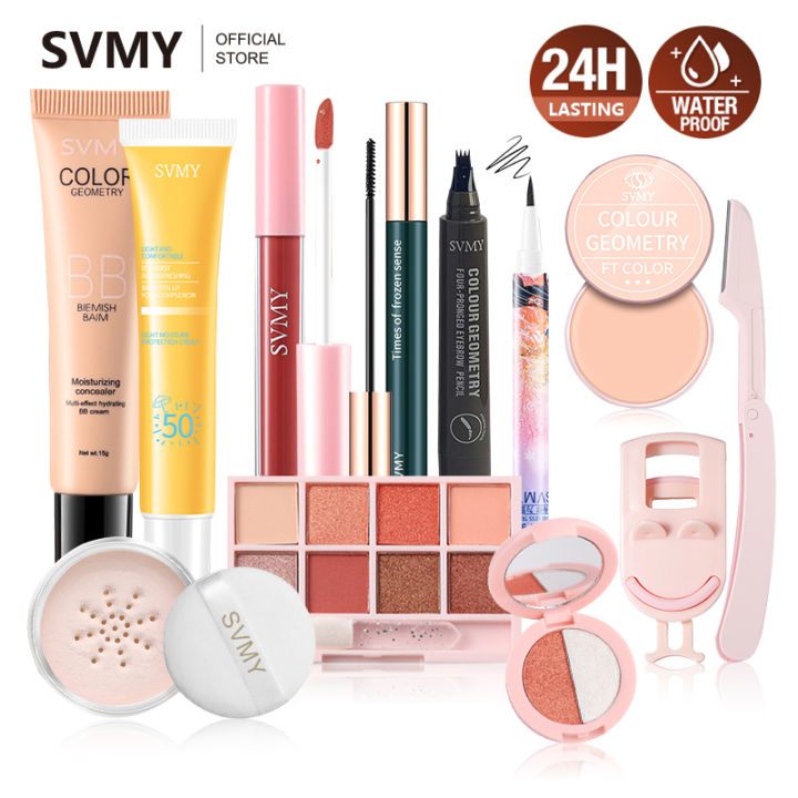 SVMY Full Makeup Set 12-piece BB Cream Eyeliner Eyebrow pencil Eye shadow Eye black Lipstick Protective cream Loose powder Powder blusher Grooming tray Eyebrow knife Eyelash curler