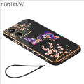 Hontinga for Redmi 13C Xiaomi Poco C65 Back Cover With Free Strap Luxury 6D Plating Pretty butterfly Side Pattern Case Soft Silicone Square Mobile Cover. 