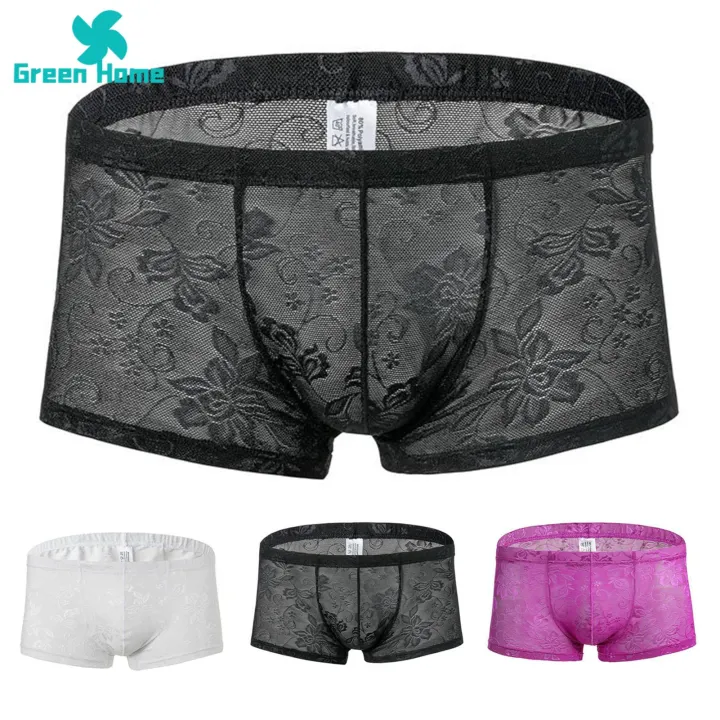 Green Home Men Underwear Low-rise Floral Texture Lace Shorts Panties