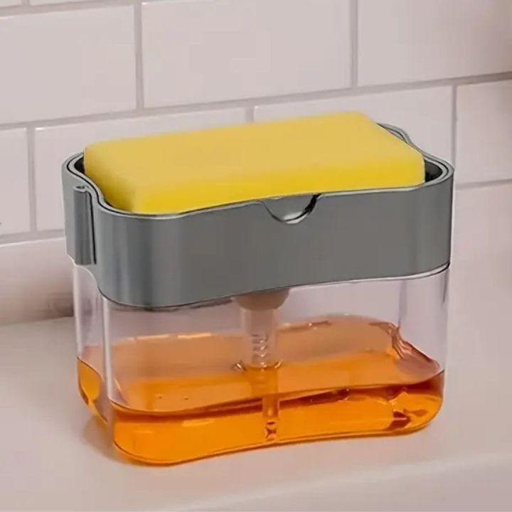 2 in 1 Soap Dispenser Push-Out Liquid Dispenser Kitchen Dishwashing Brush Scouring Pad Detergent Automatic Dispenser Kitchen Tool