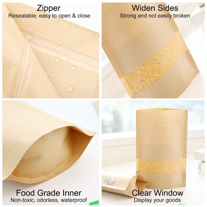10x15%20cm%2050pcs/Lot%20Brown%20kraft%20paper%20stand%20up%20pouch,%20stand%20up%20paper%20bags%20with%20window%20and%20zipper%20Packaging%20material,Pack%20of%2050%20(10cm%20Width%20x%2015cm%20Length)%20Kraft%20Bags%20with%20Window%20Stand%20Up%20Ziplock%20Seal%20Paper%20Bag%20Resealable%20Large%20Food%20Storage%20Pouch%20-%20Image%208