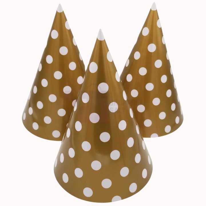 GOLDEN POLKA DOT BIRTHDAY PARTY CAPS - PACK OF 10 BIRTHDAY CAPS - GOLDEN THEME BIRTHDAY CAPS