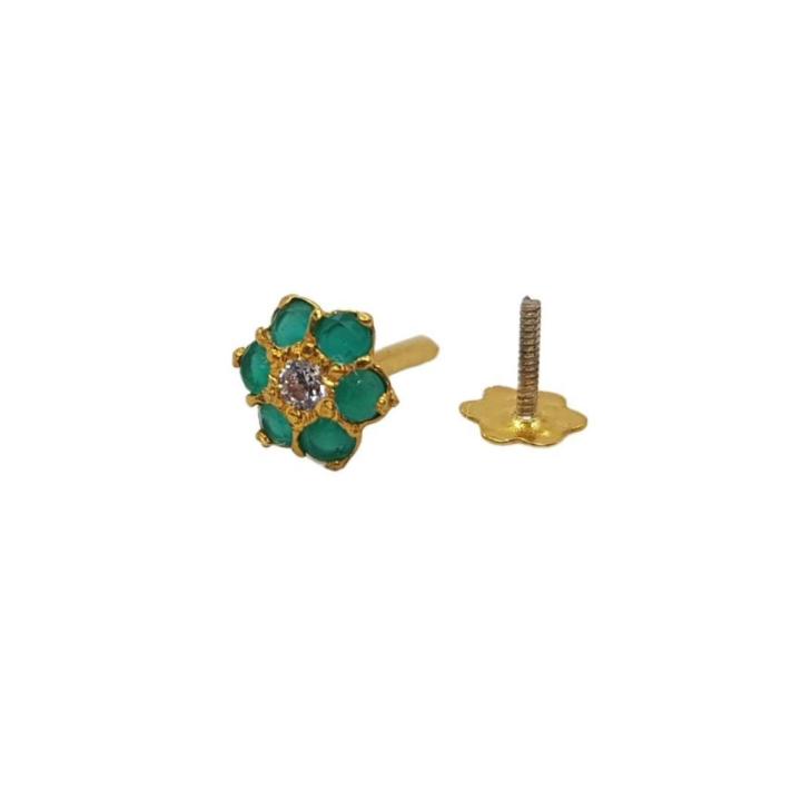 Pure Gold Jewellers-Green and White Stone Gold Nose Pin for Bridal-Gold Nose Stud Green Color and Elegant Designs for Women and Girls