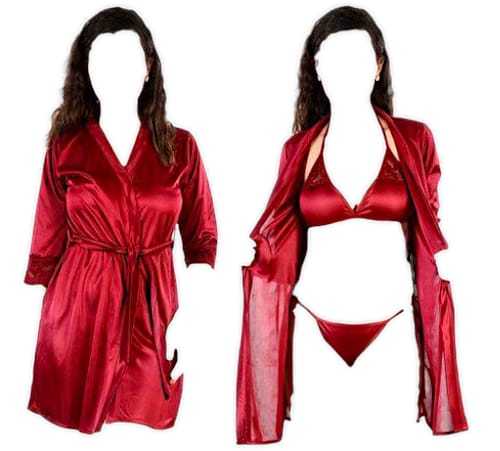 Silk Wear - Women 3 Piece Sexy Nighty Sleepwear Silk Satin night dress Lingerie Set With Robe and Short Gown Bridal for Ladies and Girls for Night Wear Bra BI-015