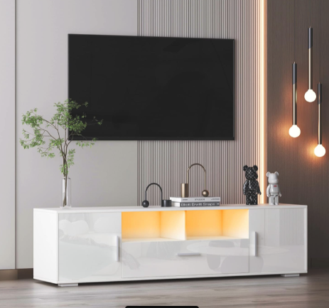 TV stand fits console tables up to 65 inches, entertainment center with storage cabinet, drawer and open shelves, TV Stand with Power Outlet & LED Lights,, suitable for living room, bedroom, white