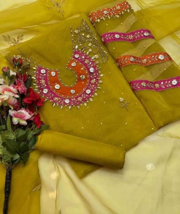 Organza apliq gotta hand work embroidery 3 pcs unstiched suit party wear special