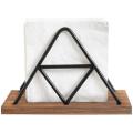 Metal and Wooden Paper Napkin Holder for Table With Gold Black Plated Wire Triangle Design & Solid Mango Wood Base, Customized by ZMT Traders. 