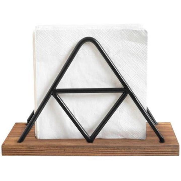 Metal and Wooden Paper Napkin Holder for Table With Gold Black Plated Wire Triangle Design & Solid Mango Wood Base, Customized by ZMT Traders