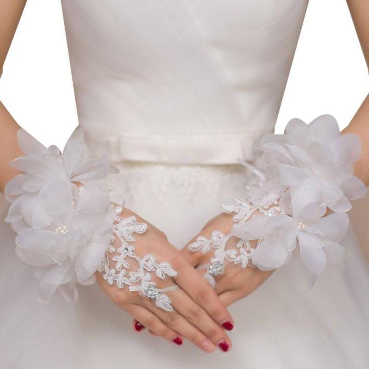 ✪【Available】Women Embroidery Lace Fingerless Gloves Artificial Flower Rhinestone Beads Wedding Bridal Sunscreen Formal Short Mittens