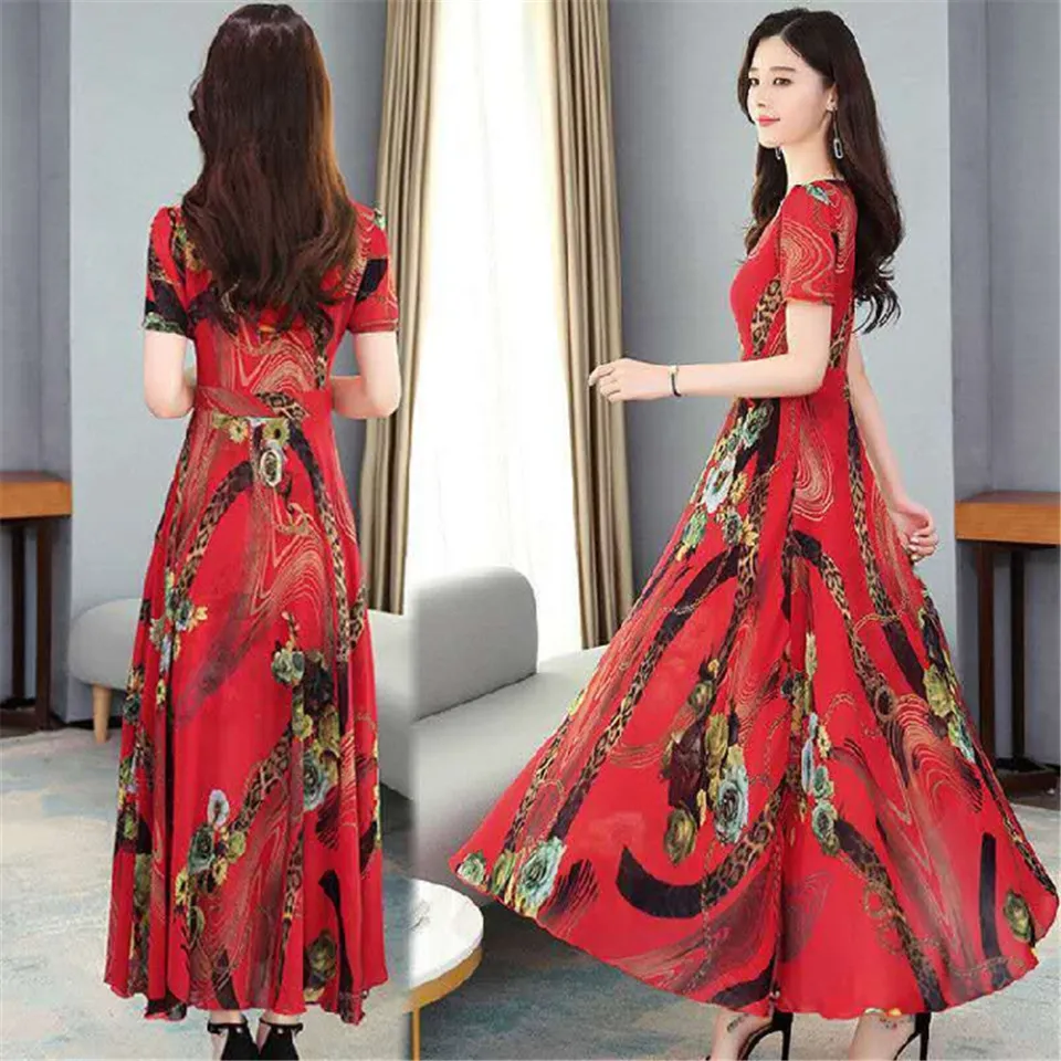 Women Dress Ice Silk Floral Printing ing Short sleeve d length Dress color red size M