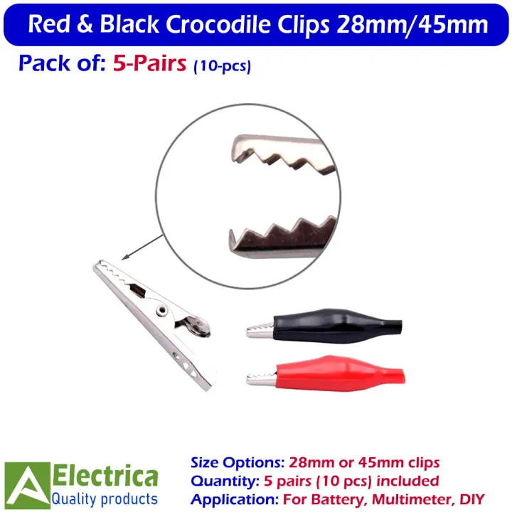 Red%20&%20Black%20Crocodile%20Clips%2028mm/45mm%20%E2%80%93%20Strong%20Alligator%20Clamp%20Connectors%20for%20Battery,%20Multimeter%20&%20DIY%20Electronics%20(5%20Pairs%20or%2010%20Pcs)%20by%20Electrica%20-%20Image%203