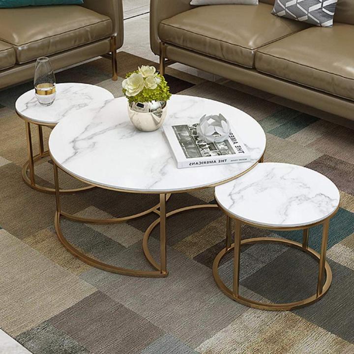 Living Room Coffee Tables Set of 3, Round Nesting Tables with White Marble  sheet Top and Gold Rod iron Base, Nest of 3