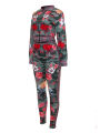 2 PCS Womenﾡﾯs Floral Printed Outfits, Flower Pattern Long-Sleeves Jacket + Skinny Pants  Tracksuit Set for Club, Party, Sports. 