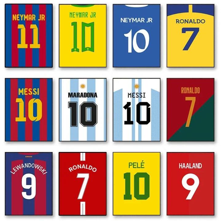 Decorative wall art photos of famous football legends' jerseys canvas posters, football players, sports stars, home bar room.