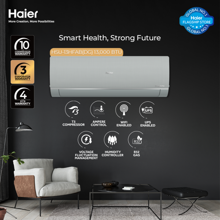 Haier (T3 Series) 1 Ton DC Inverter - HSU-13HFAB(G) - T3 Compressor - Energy Efficient - Bigger Outdoor - Turbo Cooling - White Colour AC / 10 Years Warranty / Air Conditioner / Haier Free Installation