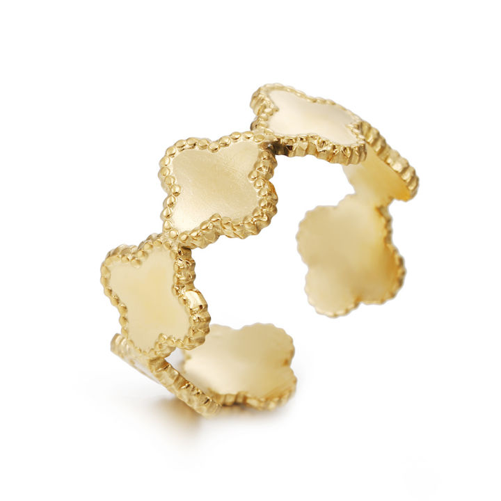 no fade gold jewelry 18k real gold PVD plated chunky gold rings ring stainless steel adjustable Clover ring for women