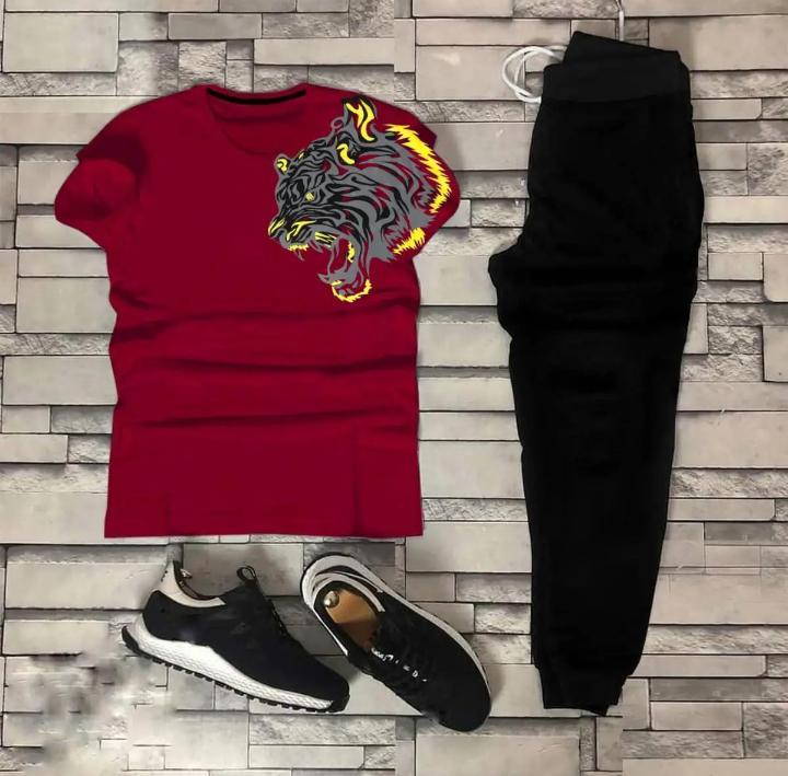 Trendy shoulder lion Tag Printed Summer Tracksuit For Men & Boys Tee-shirt with trousers New Design Round Neck Half Sleeves T Shirts Top Quality Gym Wear/Casual and comfortable Pair T-Shirt and Trouser