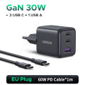 UGREEN Original 30W GaN Charger 3-Port (US/EU Plug), PD3.0 Fast Wall Charger with Cable for iPhone 16/15 Pro Max, Galaxy S24/S25 Ultra, iPad Air - Certified Safe. 