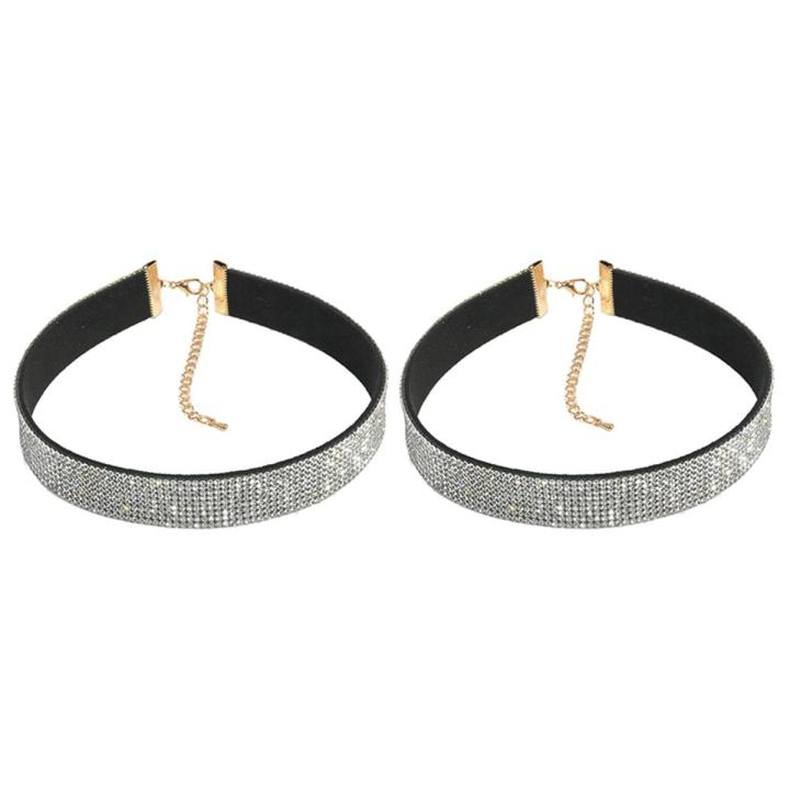 2X Women Velvet Full Diamond Crystal Rhinestone Choker Collar Boho Necklace Jewelry Silver Color