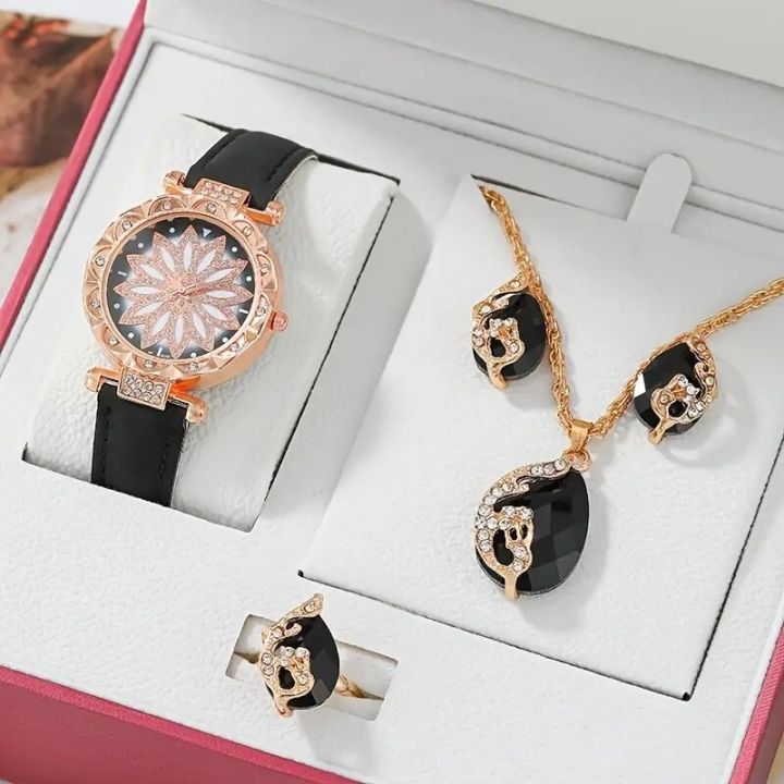 5pcs Ladies' Watches Set Diamond-Studded Circular Dial with Leather Band Bracelets and Quartz Wristwatch for Women and Girls