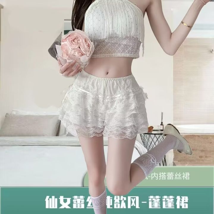 [1.2 Ten Thousand People Collection ] White Lace Cake Skirt Safety Shorts Two-in-One Thin Style jk Loose Fit Half Skirt for Outer Wear, No Hemming Pumpkin Pants