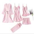 5-Piece Silk Night Dress Set – Elegant Sleepwear, Free Size for Women & Girls. 