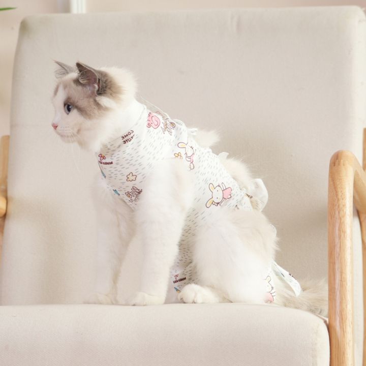 Post-surgery Cat Apparel Soft Breathable Cat Surgery Recovery Suit Cartoon Pattern Anti-lick Jumpsuit for Neutering Weaning Adjustable Strap Postoperative Care Clothes Cat Neutering Suit