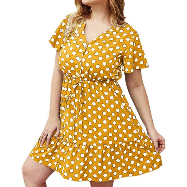 OIMG Summer Polka Dot Elegant Mini Dress Women Short Sleeve V
